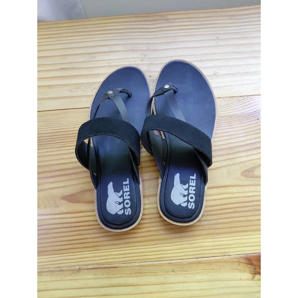 SOREL 'Ella II' Black Leather‎ Flip Flop Strappy Sandals 6 Excellent Condition